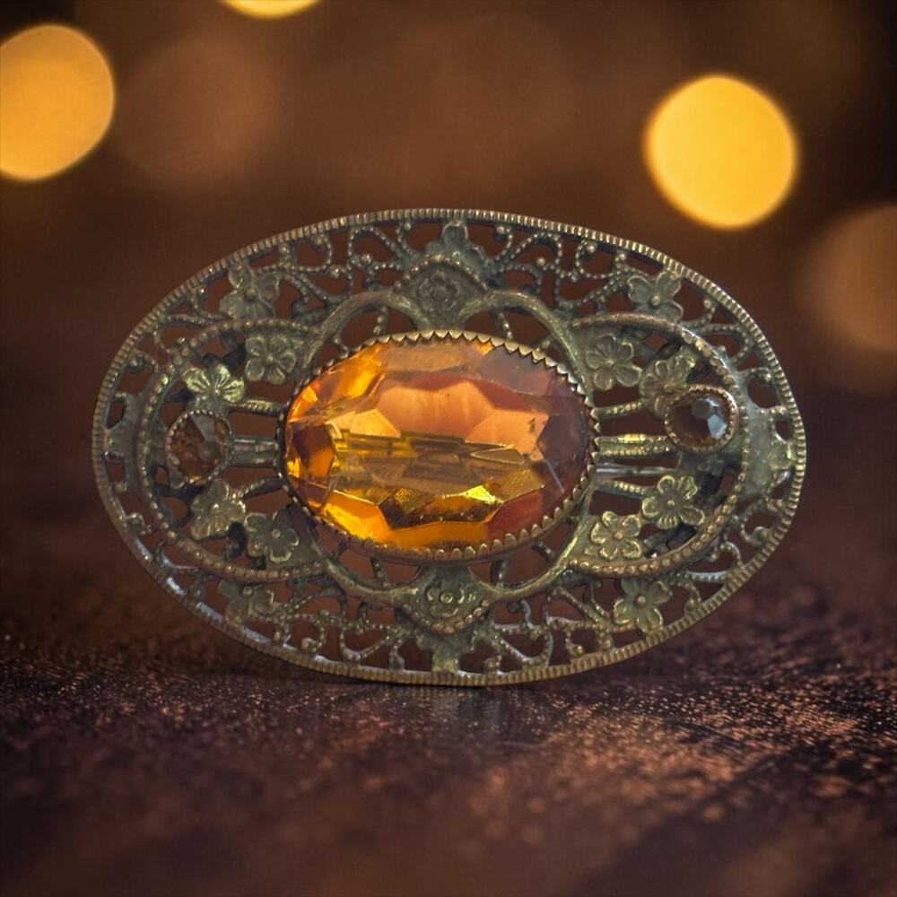 Amber Glass Filigree Brooch Art Deco Victorian Revival Ornate Statement Pin